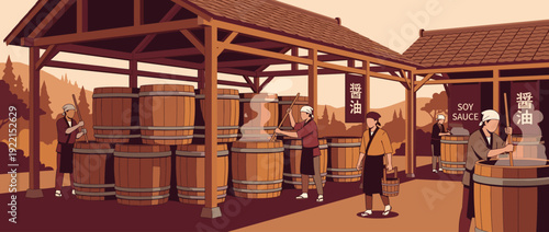 Traditional Japanese Soy Sauce Brewery Illustration Featuring Workers Stirring Fermentation Barrels in a Wooden Shed, Flat Vector Art of Shoyu Production Process with Vintage Earthy Tones and Steam