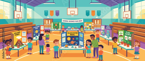 Colorful Flat Vector Illustration of a School Science Fair in a Gymnasium with Children Presenting Projects like Volcanoes, Solar System Models, Robots, and Plant Growth Experiments to Parents.