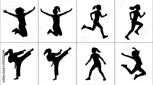 Active kids silhouettes collection, children jumping running kicking poses, black silhouette set isolated on white background illustration