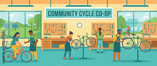 Modern community bicycle repair cooperative workshop illustration with diverse volunteers fixing bikes, using tools on pegboards, and promoting sustainable eco-friendly green transportation.