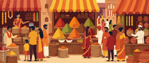 Traditional Indian spice market flat vector illustration featuring colorful powder displays, people in ethnic saris and kurtas, and bustling stalls selling aromatic herbs and exotic seasonings.