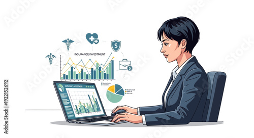 Woman analyzing financial data on laptop computer vector illustration