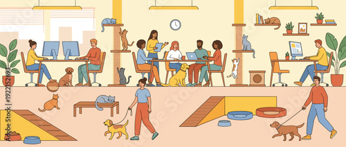Flat vector illustration of a modern pet-friendly office with employees working alongside cats and dogs in a collaborative workspace featuring pet play areas, cat trees, and office plants.