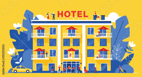 Yellow boutique hotel building illustration with red umbrellas and people for travel tourism vacation booking and summer holiday hospitality services