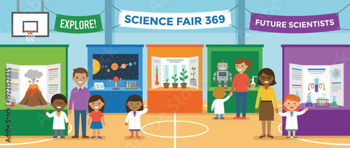 Colorful flat vector illustration of a school science fair with diverse children in lab coats presenting projects like a volcano, solar system, and chemistry experiments in a gymnasium.