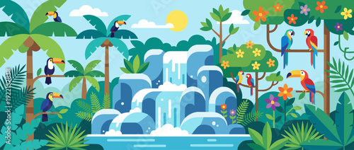 Vibrant Flat Vector Illustration of a Tropical Waterfall in a Lush Rainforest Jungle with Exotic Birds like Toucans and Parrots, Colorful Flowers, Palm Trees, and Sunlit Summer Landscape Scene.