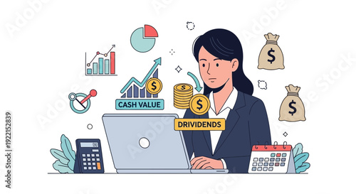 Woman analyzing financial data on laptop with growth charts and money