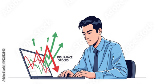 Woman analyzing financial data on laptop with growth chart vector illustration