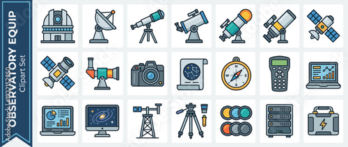 Astronomical Observatory Equipment Icon Set with Telescopes, Satellites, Star Maps, Radio Dishes, and Data Analysis Tools in Flat Design for Science, Space Research, and Education Projects.