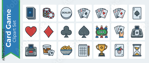 Vector Icon Set of Poker Night and Card Game Elements in Flat Design Style. Includes Playing Cards, Casino Chips, Dealer Button, Suits, Poker Table, Shuffler, Trophy, Joker, Scoreboard, and Snacks.