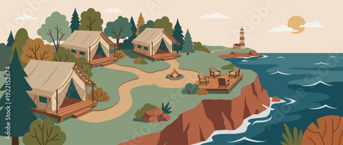 Flat Vector Illustration of a Scenic Cliff Edge Glamping Site with Luxury Safari Tents, Wooden Decks, Campfire, and Ocean Views, Coastal Camping Retreat with Lighthouse and Sunset Background.
