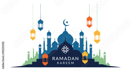 A vibrant ramadan kareem illustration features a mosque silhouette crescent moon and ornate hanging lanterns high quality professional