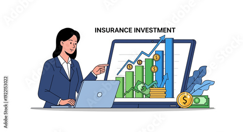 Woman analyzing financial graphs on a laptop screen insurance investment concept
