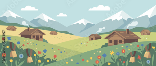 Flat vector illustration of a scenic Alpine landscape with snow-capped mountains, rustic wooden huts, and a lush wildflower meadow featuring traditional cowbells under a clear blue sky.