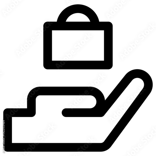 Outline icon of a hand presenting a briefcase, symbolizing business, work, delivery, or professional service.