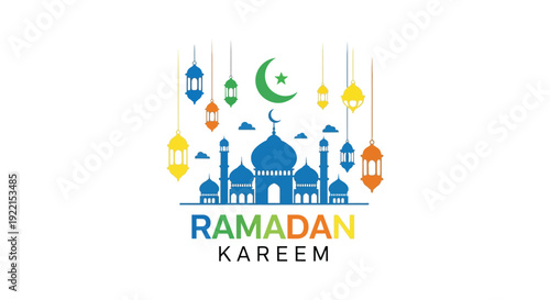 A vibrant ramadan kareem illustration features a crescent moon ornate lanterns and a detailed mosque silhouette high quality