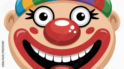 Close up of a smiling cartoon clown face with colorful hat and red nose on white background