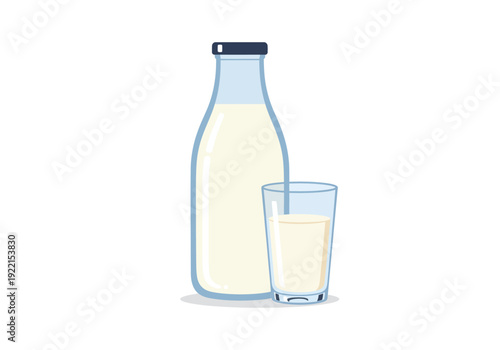 A bottle and glass of milk standing together on a plain surface viewed from the front