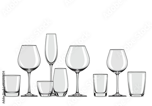 Tableau sur toile Assorted elegant glassware displayed on a white surface from a straightforward a
