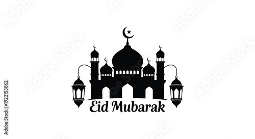 A black silhouette of a mosque crescent moon and star with the text Eid Mubarak below high quality
