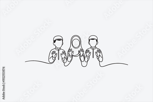 Continuous line drawing of Muslim family praying together, man woman and child with raised hands, minimalist black outline vector, isolated on white background, Islamic worship concept. Vector.