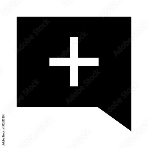 Black speech bubble with a white plus sign great for medical, healthcare, and communication concepts with a minimalist design aesthetic.