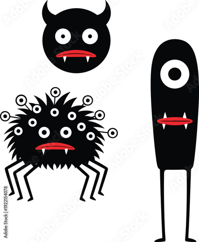 Minimal Black Monster Cartoon Set with One Eyed Creature, Furry Multi Eye Spider and Cute Devil Face Vector Illustration