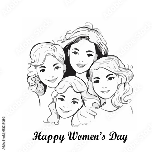 Empowering Femininity: A line drawing honors International Women's Day, with four women radiating happiness and unity. A heartfelt illustration celebrating sisterhood and strength.