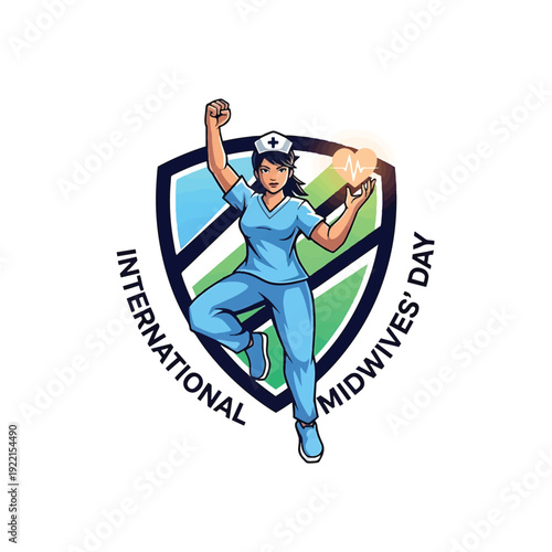 Nurse in dynamic pose celebrating International Midwives Day emblem