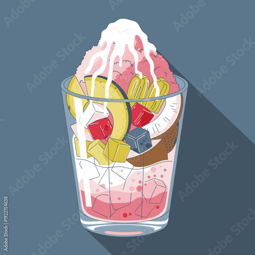 Vibrant vector illustration of a sweet and refreshing cold fruit dessert drink in a glass, featuring shaved ice, colorful fruit pieces, and creamy white topping