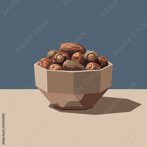 Stylized illustration of a rustic bowl brimming with sweet, sun-dried dates, their rich brown hues and healthy appeal highlighted against a simple blue and beige background