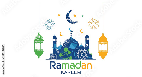 A vibrant ramadan kareem illustration featuring a mosque crescent moons lanterns and ornate snowflakes high quality professional detailed