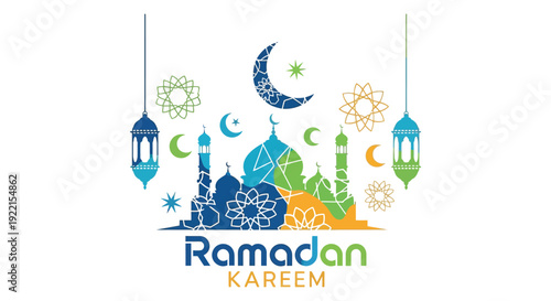 A colorful illustration depicting a crescent moon mosque lanterns and floral elements for ramadan kareem high quality professional