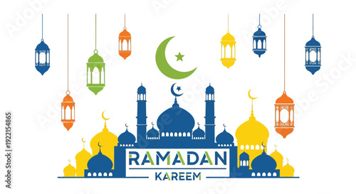 A colorful ramadan kareem greeting featuring a crescent moon star mosque silhouette and hanging lanterns high quality professional