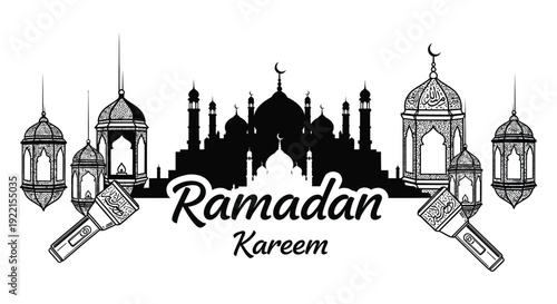 A detailed black and white illustration depicts ramadan kareem with lanterns a mosque and a crescent moon