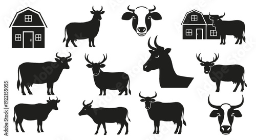Collection of diverse farm animal silhouettes featuring cows, bulls, and horned livestock alongside classic barn structures, ideal for agricultural and rural design projects