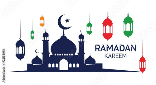 A vibrant ramadan kareem illustration featuring a crescent moon ornate lanterns and a majestic mosque silhouette high quality