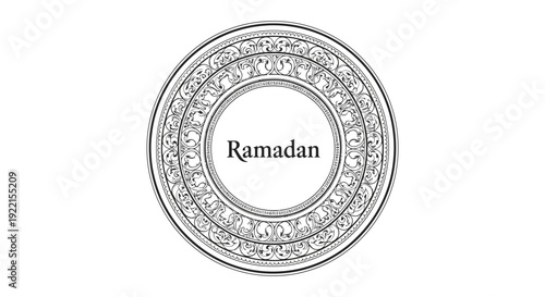 A detailed black and white circular design features the word Ramadan prominently centered within its inner circle high quality professional