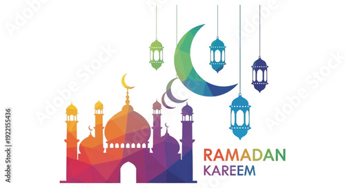 A colorful illustration depicts a crescent moon ornate lanterns and a mosque silhouette for ramadan kareem high quality