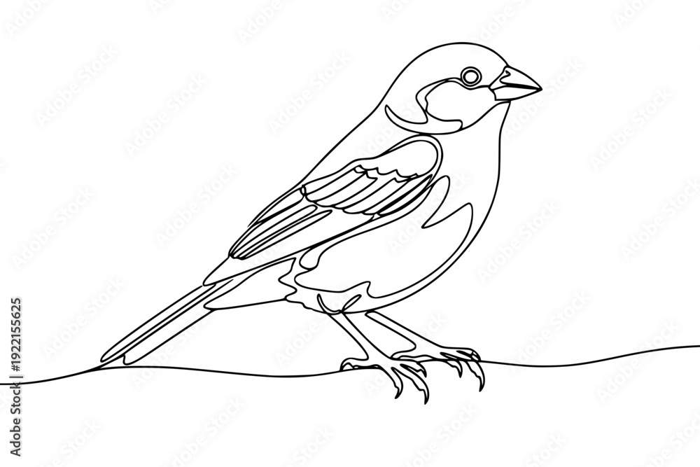 Obraz premium Continuous line drawing of a small bird standing on a line, isolated black and white graphic illustration, concept for minimalist logo design, nature conservation and artistic tattoo motifs.