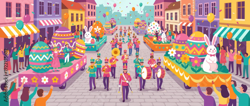 Colorful flat vector illustration of a festive Easter parade with decorated floats, giant eggs, bunnies, a marching band, and cheering crowds on a city street with balloons and confetti.