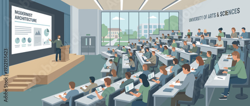 Flat vector illustration of a university lecture hall where a professor teaches modernist architecture to students with laptops at the University of Arts & Sciences in a modern classroom.