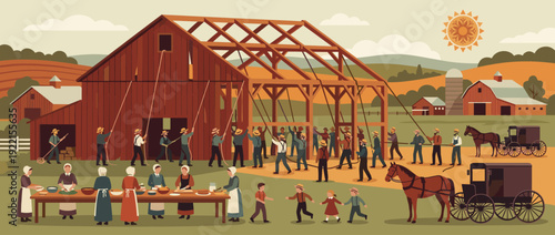 Flat Vector Illustration of a Traditional Amish Barn Raising with Community Working Together to Build a Wooden Structure, Women Preparing Food, Children Playing, and Horse-Drawn Buggies.