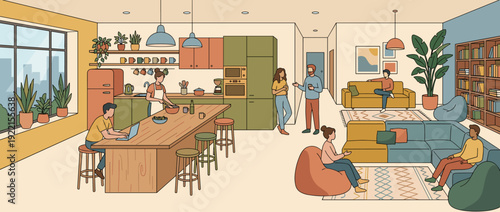 Modern Co-living Space Illustration with Shared Kitchen and Lounge Area. People Socializing, Cooking, and Working in a Stylish Open-Plan Apartment with Contemporary Decor and Indoor Houseplants.