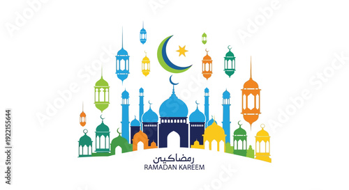 A colorful illustration depicts a crescent moon lanterns and a mosque skyline for ramadan greetings high quality professional