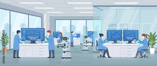 Modern Gene Editing Laboratory with Scientists and Robots Working on CRISPR-Cas9 Technology. Flat Vector Illustration of a High-Tech Biotech Research Facility with DNA Sequence Displays and Tools.