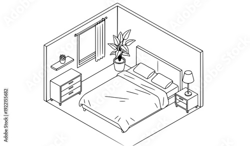 Isometric Kitchen Interior Outline Vector Modern Home Furniture Illustration