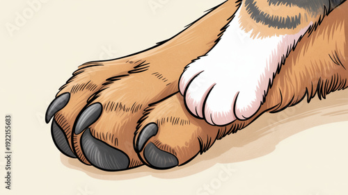 Close up of a cat's paws with white and brown fur on a beige background