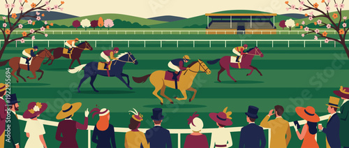 Flat vector illustration of a spring horse race event with jockeys competing on a green track while elegant spectators in fancy hats and suits watch from the sidelines at a classic derby.