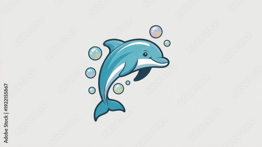 Fototapeta premium A playful blue dolphin jumping out of water surrounded by bubbles in a light background